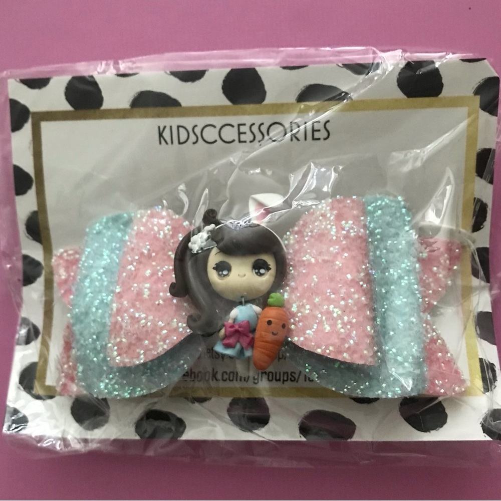 Pink & Light Blue Glitter Bow Hair Clip with Cute Doll Charm